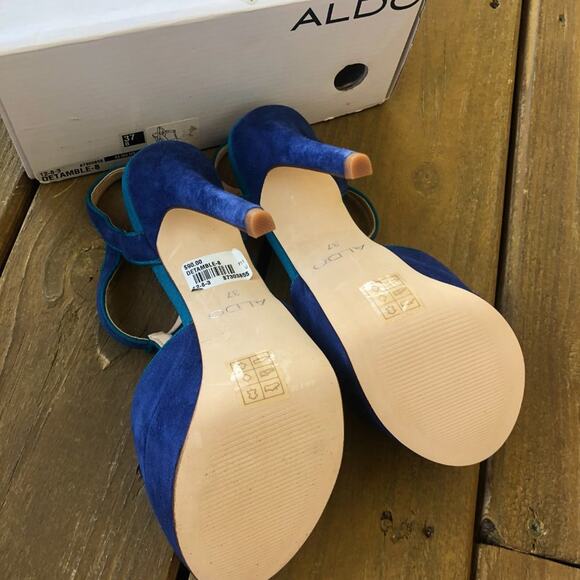 NWT ALDO Detamble Two Tone Blue Trim T-Strap Wrapped Platform Peep Toe Heels - Picture 4 of 6